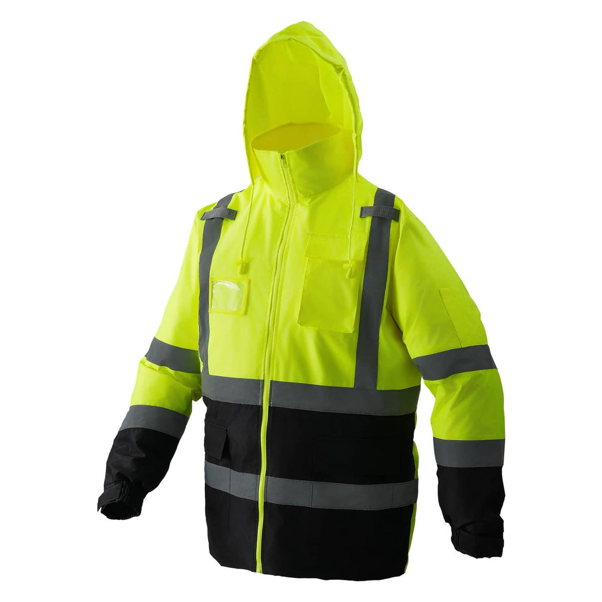 Front view high-visibility reflective safety jacket with hood, bright yellow and black reflective stripes