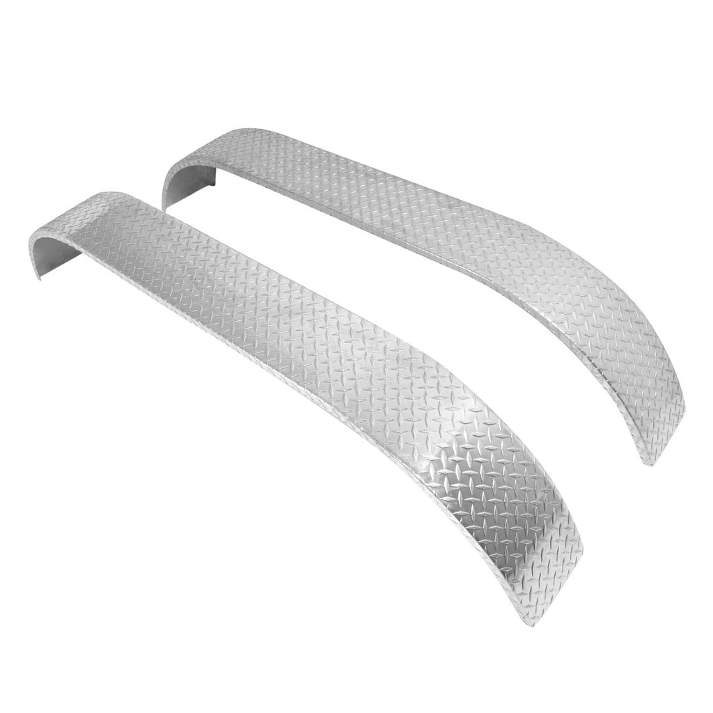 Silver textured teardrop tread plate trailer fenders, angled top view of two pieces