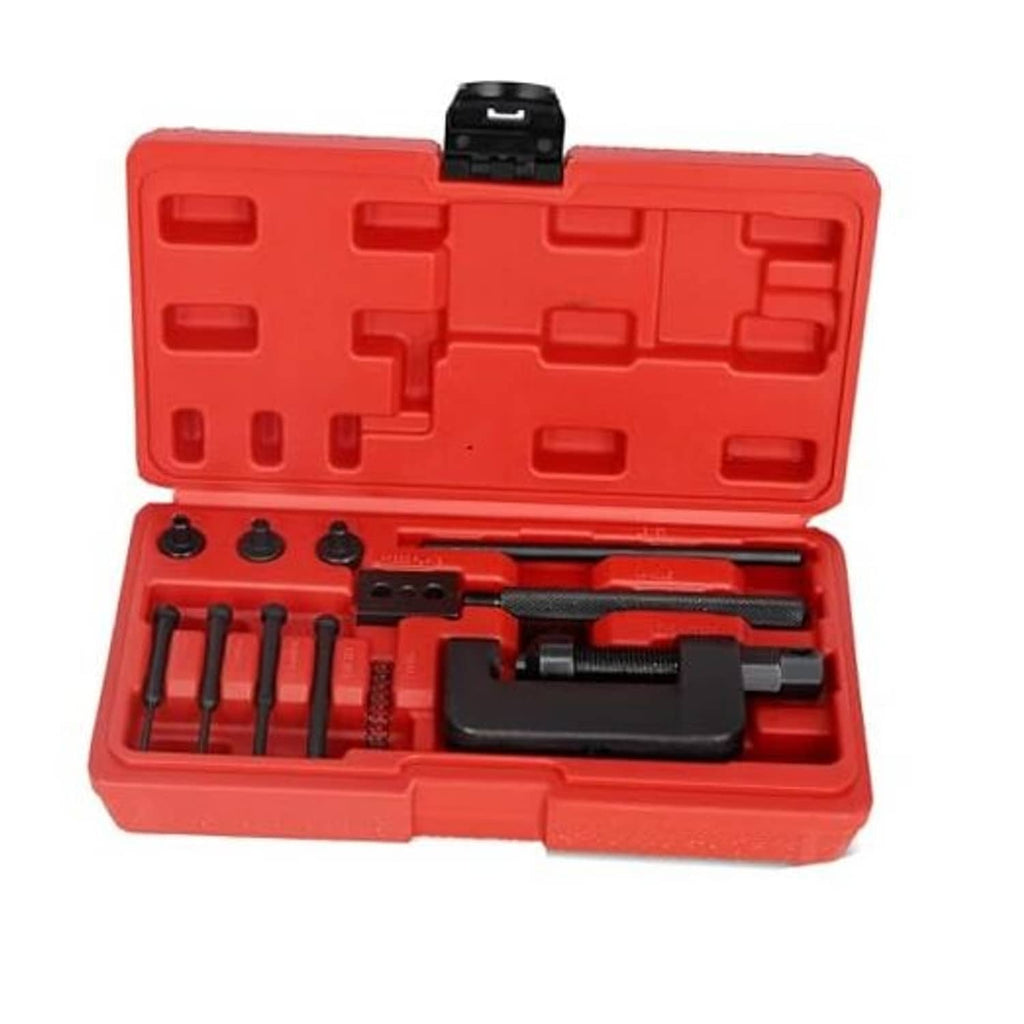 Motorcycle chain breaker tool kit in red case with tools and black press handle