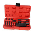 Motorcycle chain breaker tool kit in red case with tools and black press handle