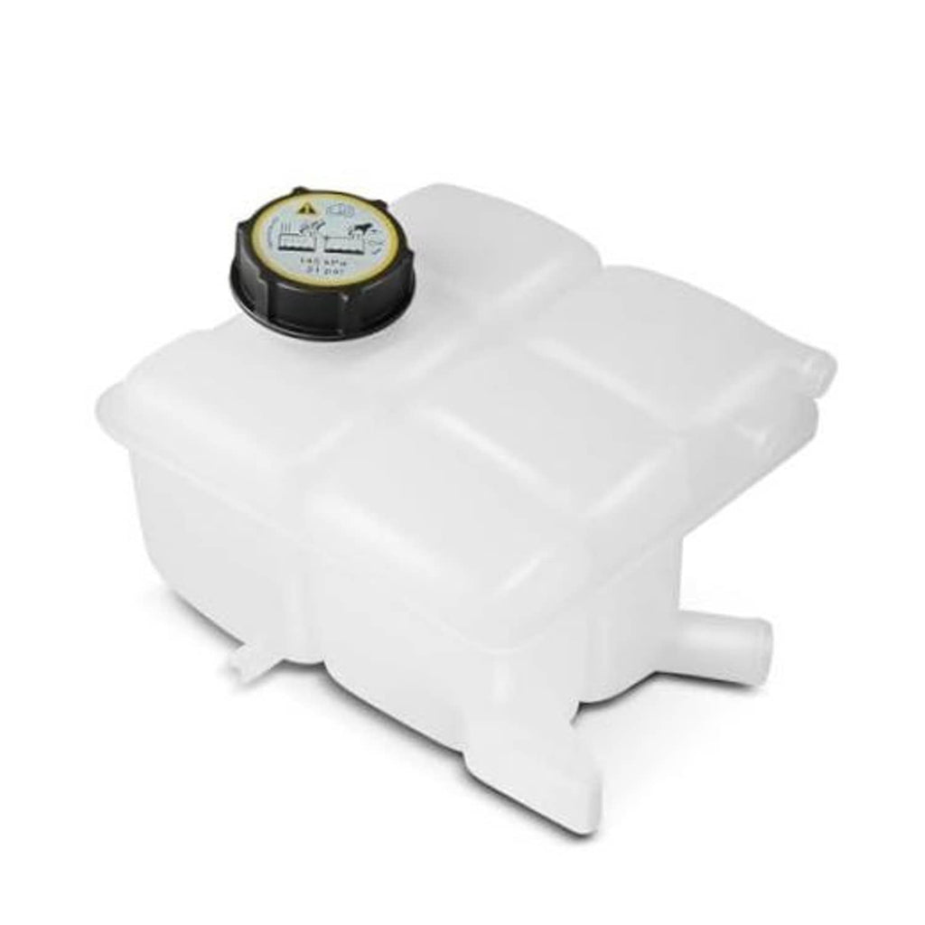 White plastic coolant reservoir tank with black cap and side outlet