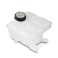 White plastic coolant reservoir tank with black cap and side outlet