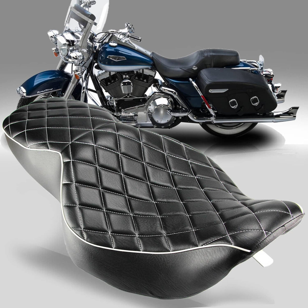 Two-up motorcycle passenger seat in black with diamond quilt stitching and white piping