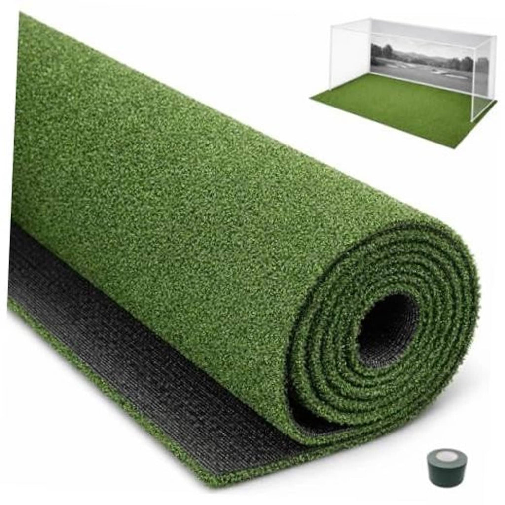 Green golf simulator turf mat roll with dark rubber backing, ready for indoor use