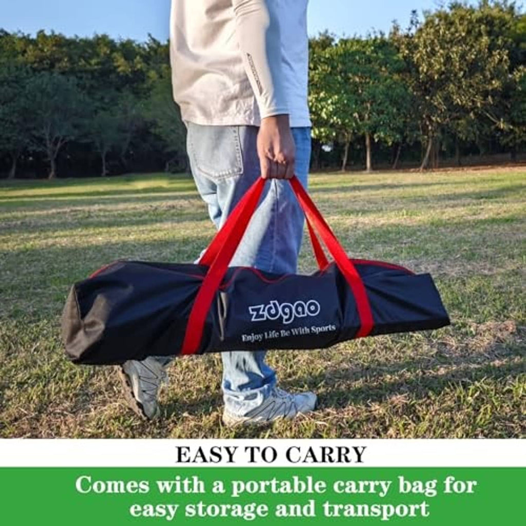 Portable baseball net with black carry bag and red zipper accents