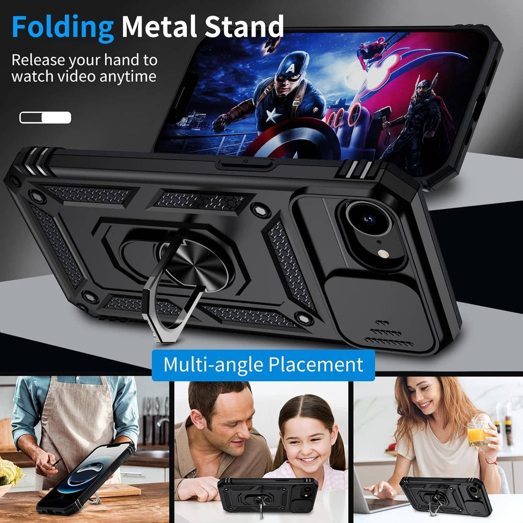Black rugged iPhone case with folding metal stand and raised camera ring