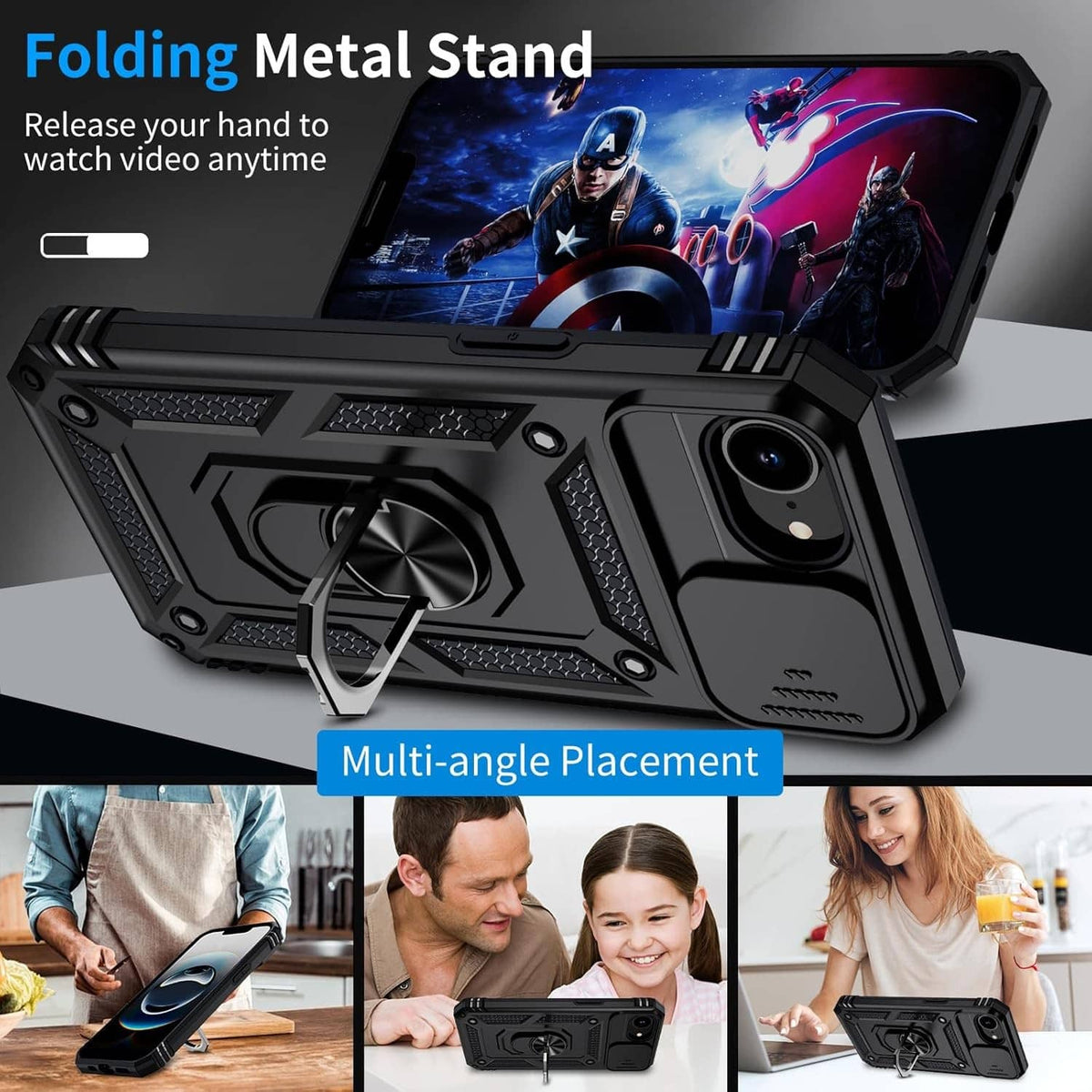 Black rugged iPhone case with folding metal stand and raised camera ring