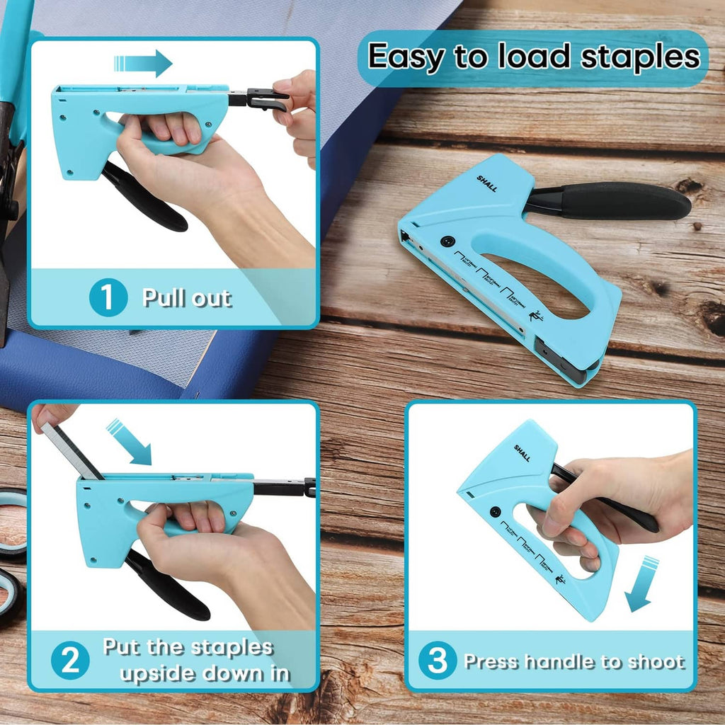 Light blue staple gun showing easy staple loading on wood