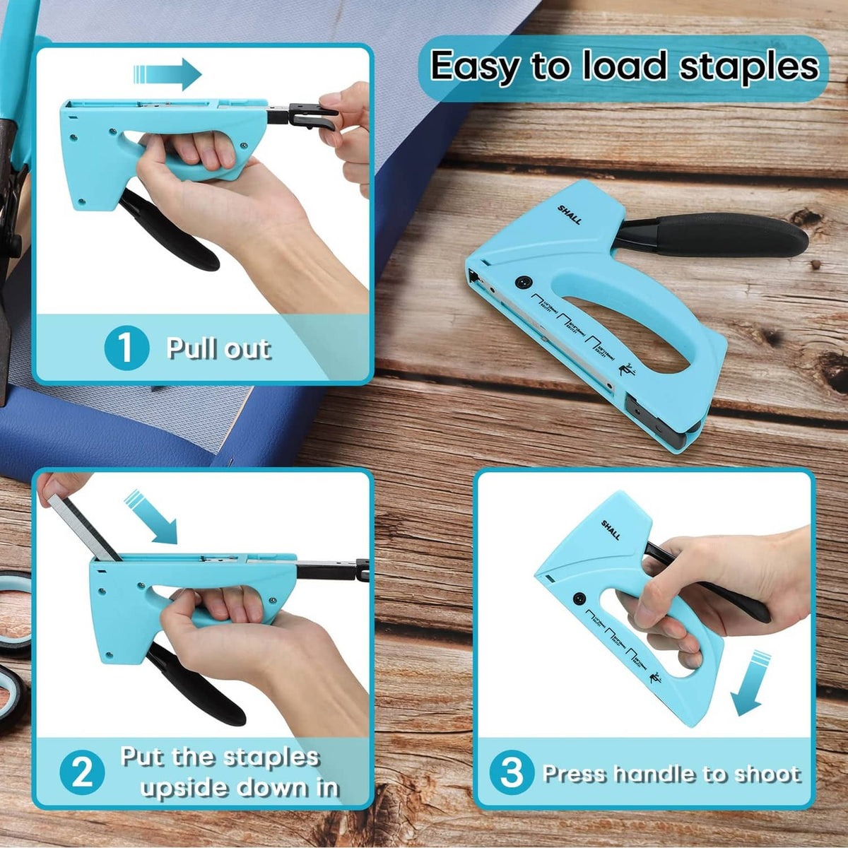 Light blue staple gun showing easy staple loading on wood