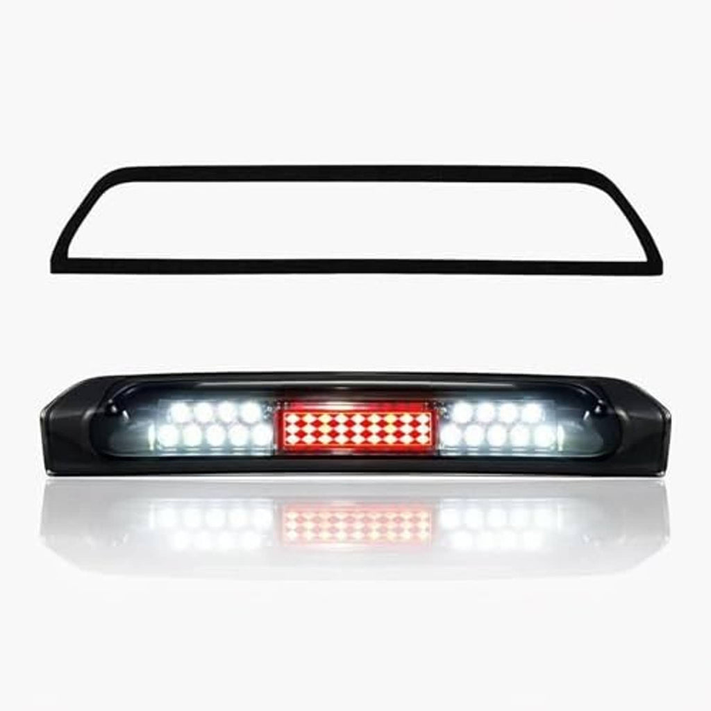 LED third brake light with black frame, lit clear LED rings and red center panel