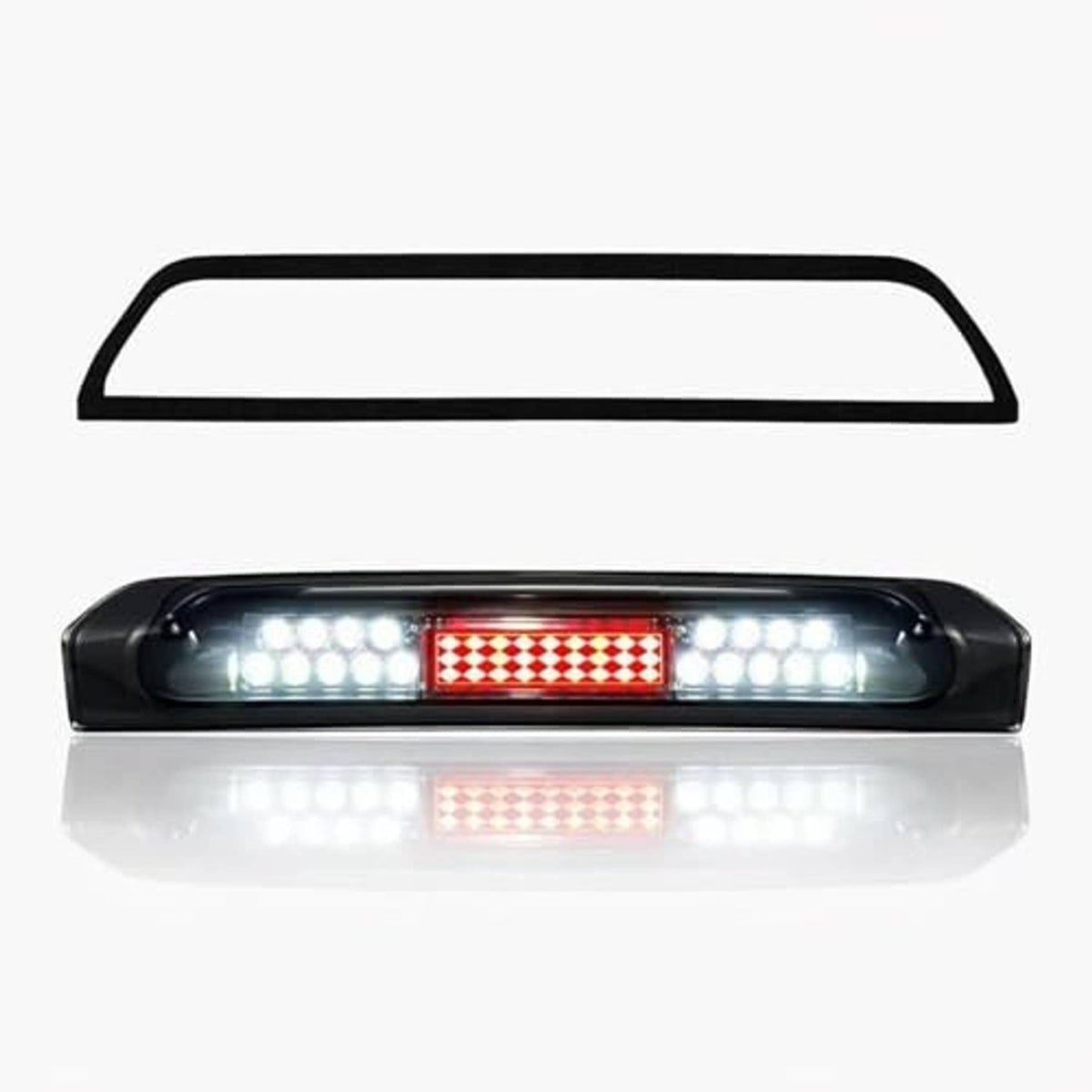 LED third brake light with black frame, lit clear LED rings and red center panel