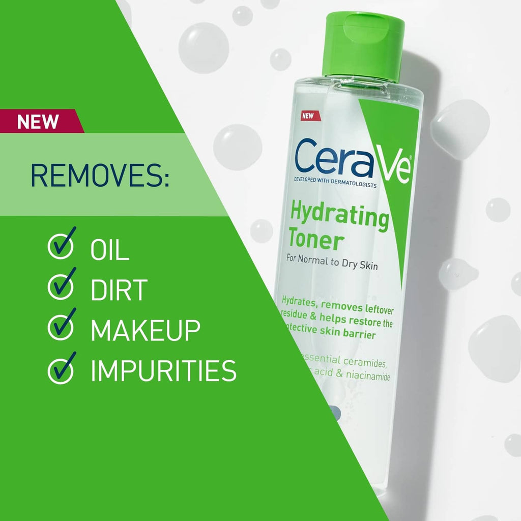 CeraVe hydrating toner bottle beside green promo graphic