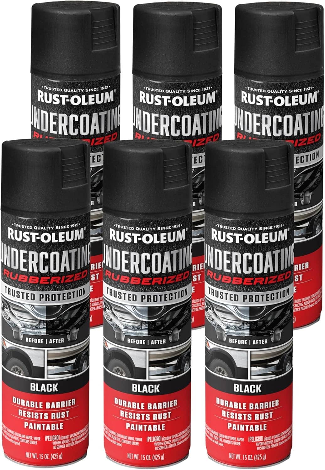 Rust-Oleum undercoating spray cans, black rubberized finish, 6-pack.