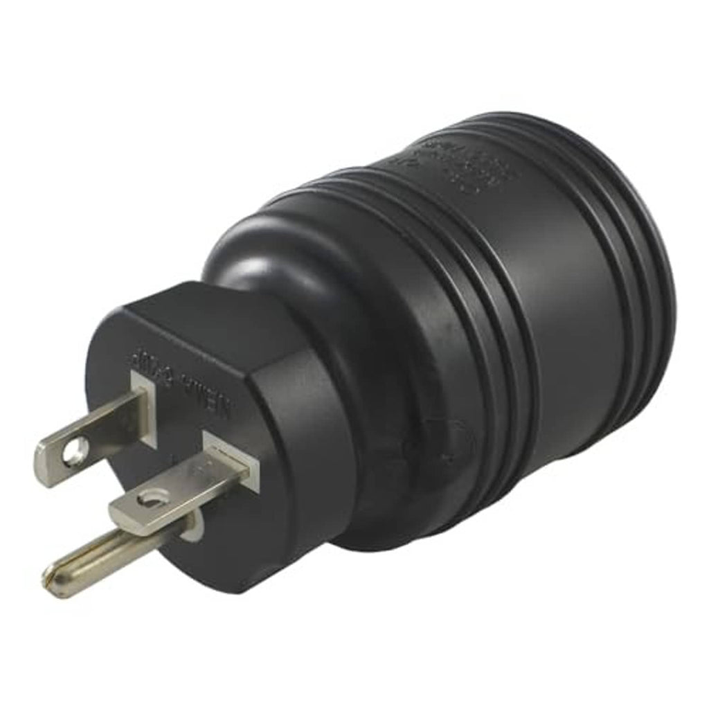 Black ribbed plug adapter with two flat prongs and round grounding pin
