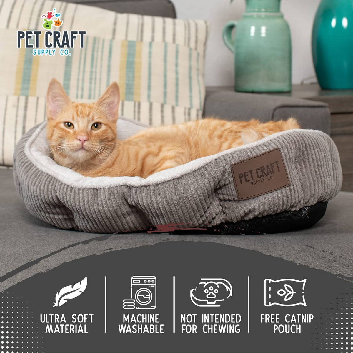 Gray ribbed cat bed with white plush rim; orange tabby cat lying inside