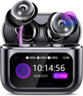 Black wireless in-ear earbuds in charging case with purple glow and LED display screen