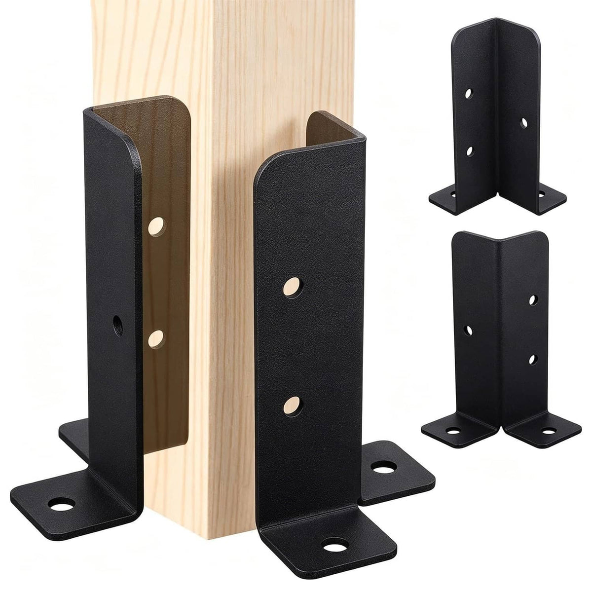 Black metal adjustable deck post base bracket set with mounting holes and flanges