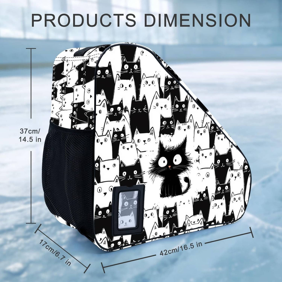 Cat-pattern skate bag with curved top and visible zip opening