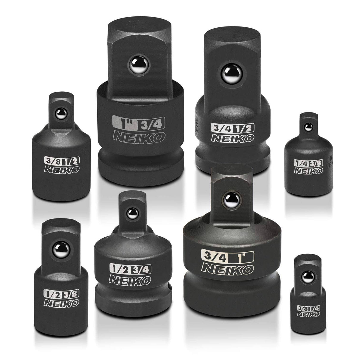 Black Neiko impact socket adapter set, 8-piece with SAE size markings