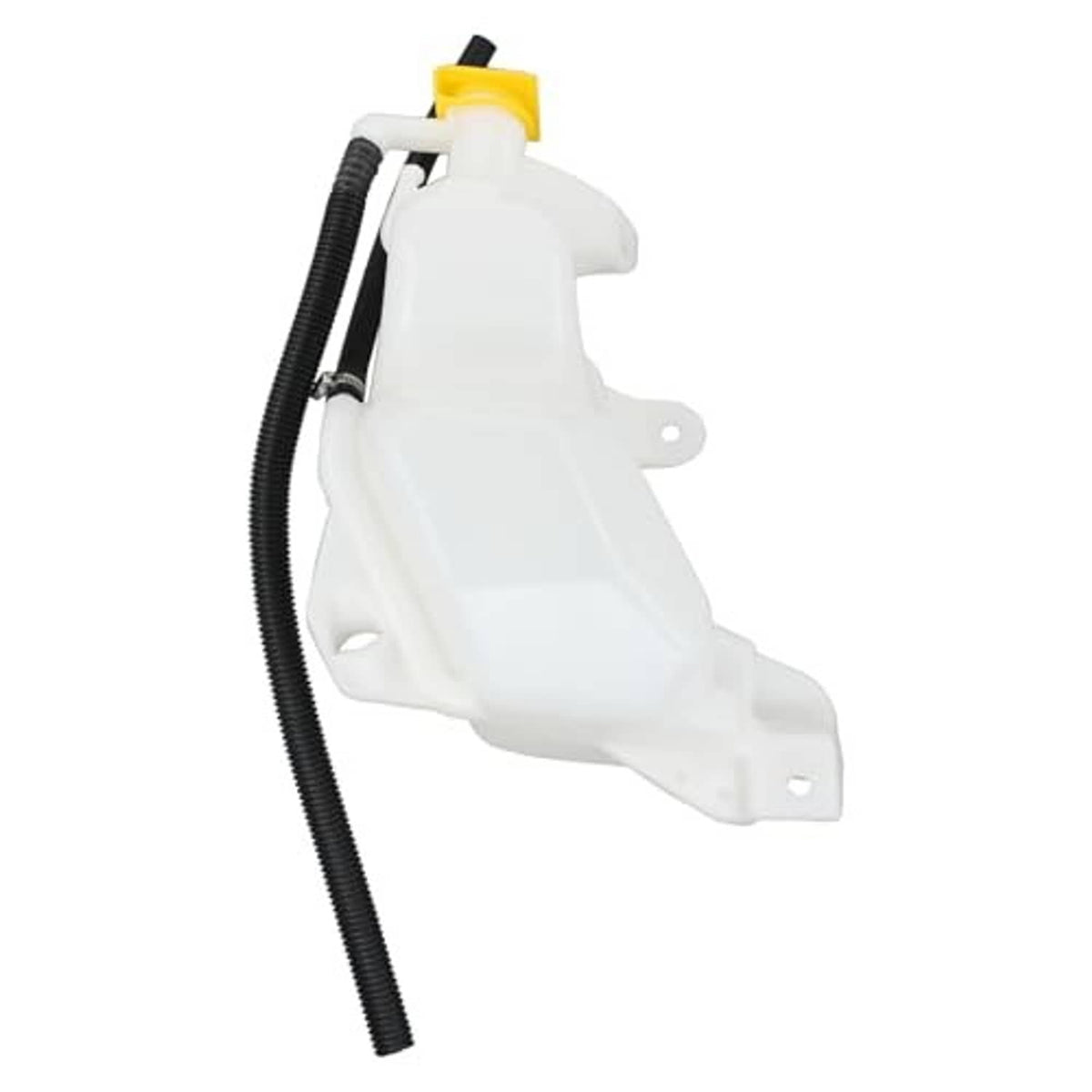 Coolant recovery tank with yellow cap and black flexible hoses, white plastic