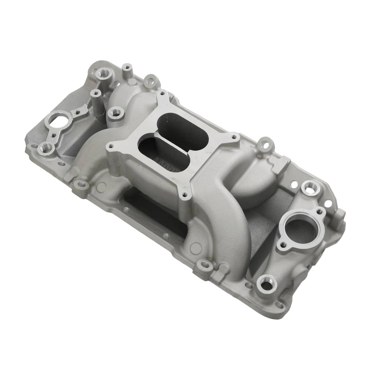 Dual plane intake manifold, angled view showing dual runner openings and flange bolts
