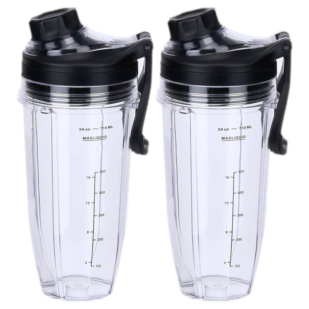 Two clear 24 oz blender replacement cups with black lids and handle on the side
