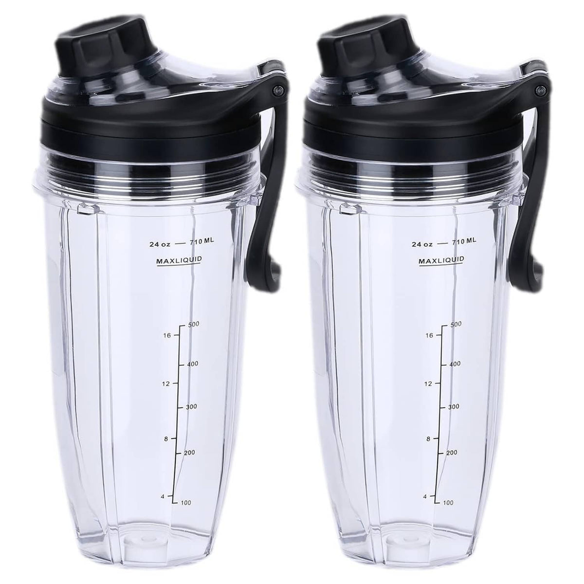 Two clear 24 oz blender replacement cups with black lids and handle on the side