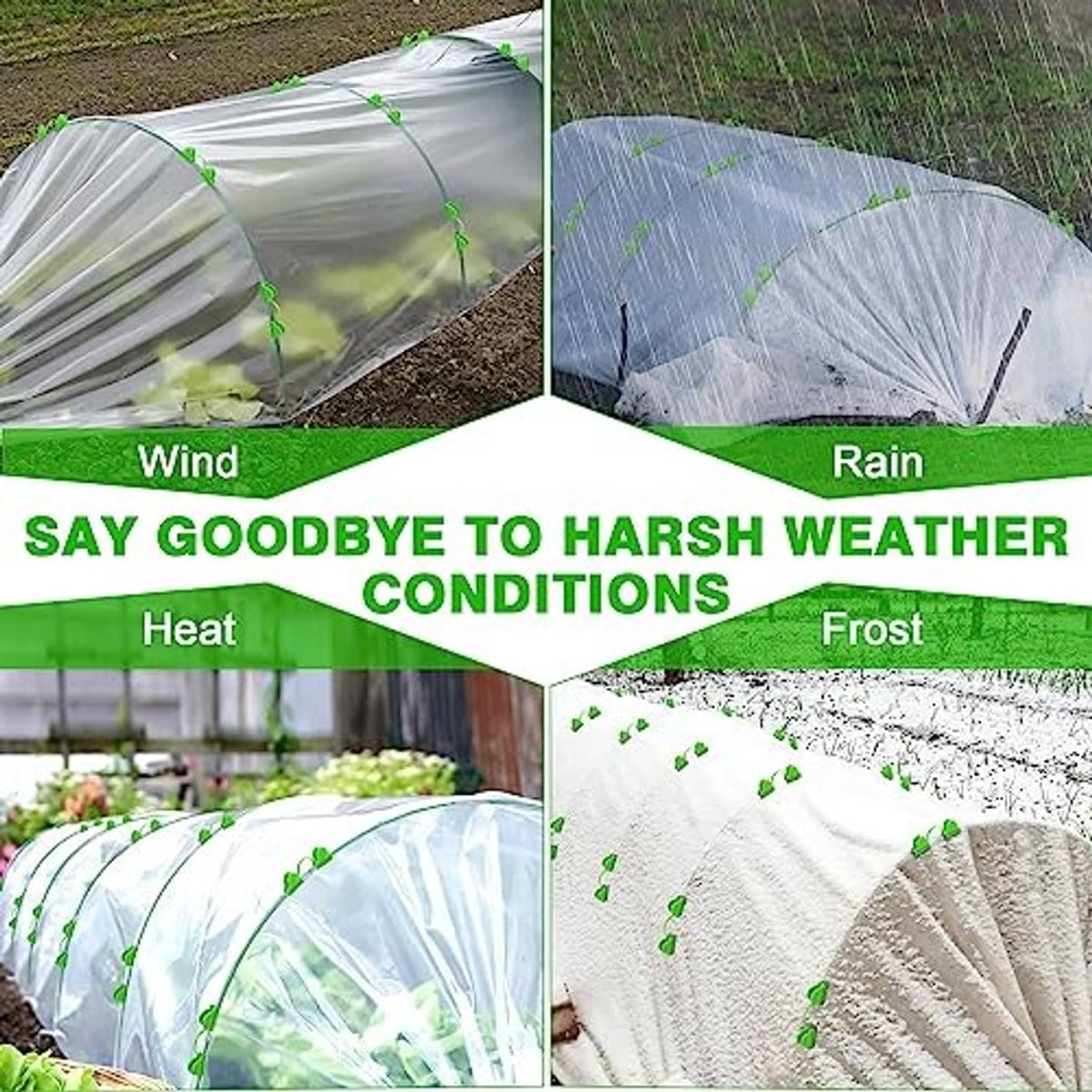 Arched hoops holding a white cover to help protect plants from wind, rain, heat, frost