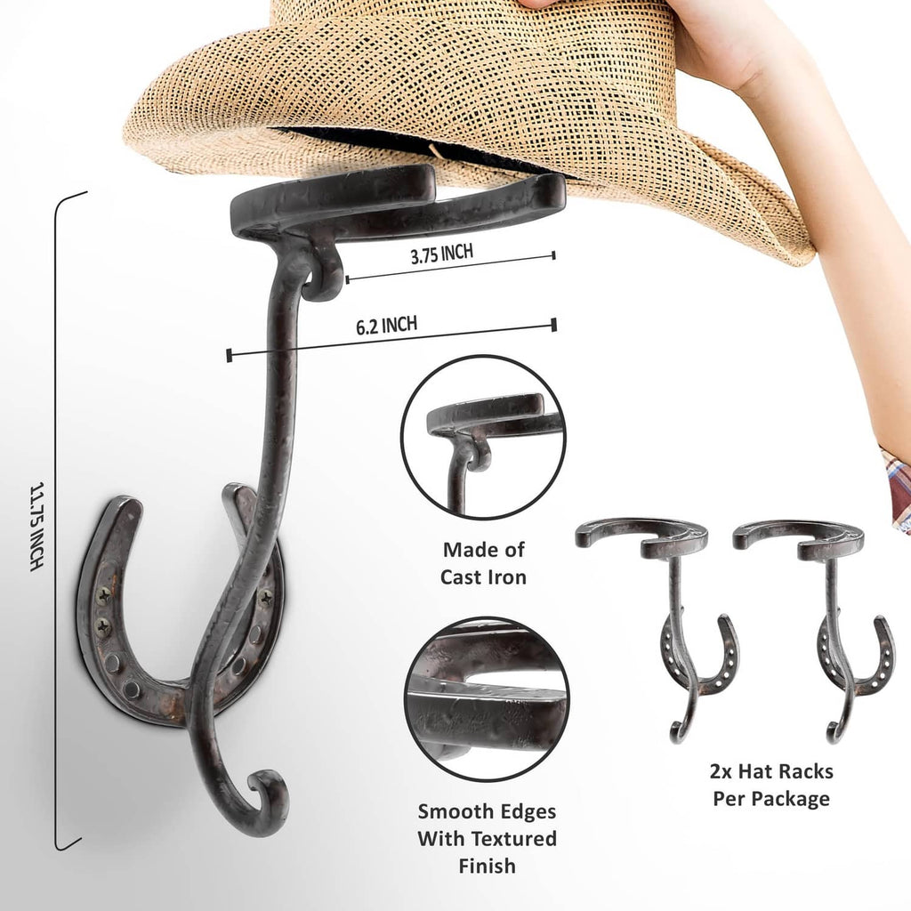 Cast iron cowboy hat rack set of 2, smooth-edged U hooks with textured finish.