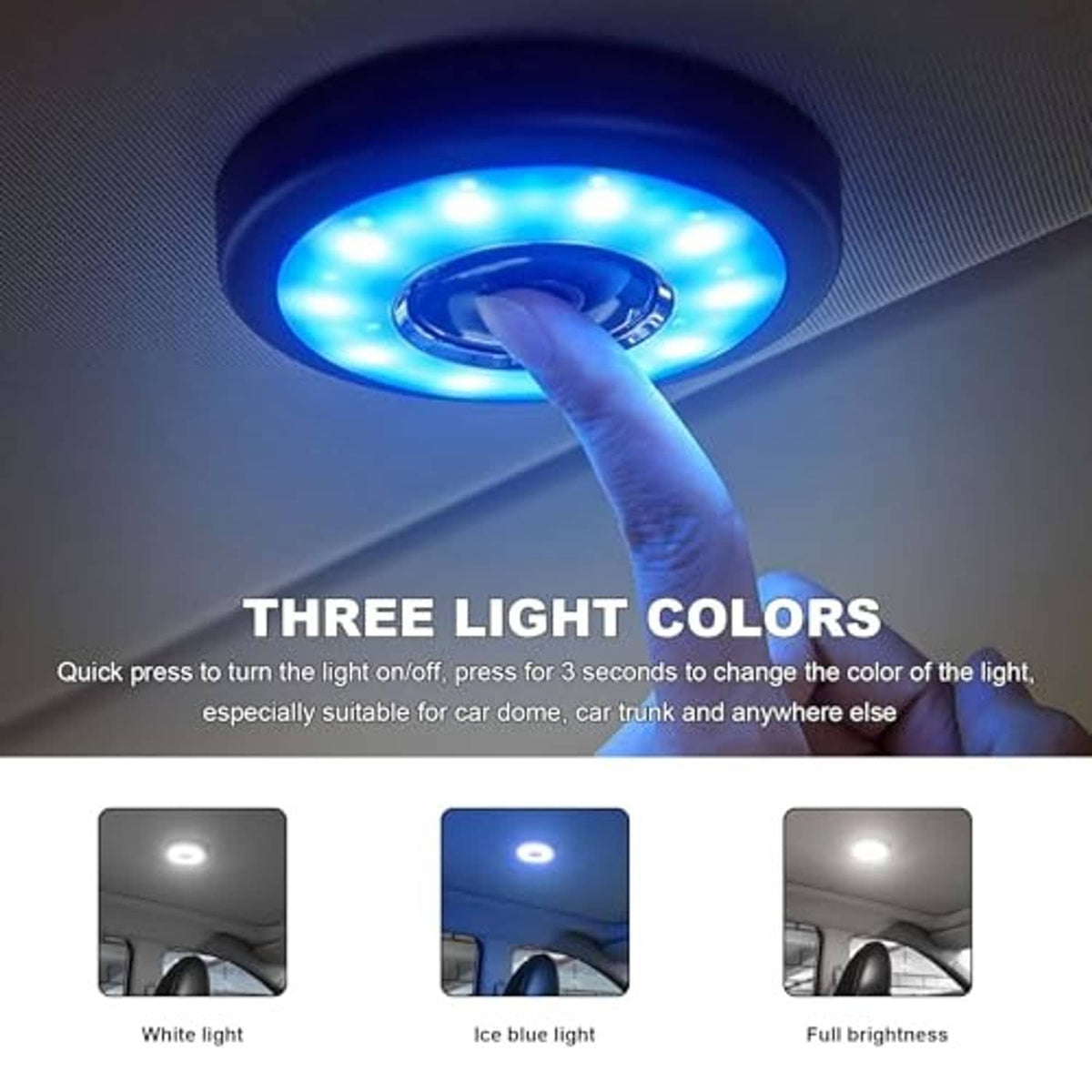 Round LED car roof light glowing blue with finger pressing the power button