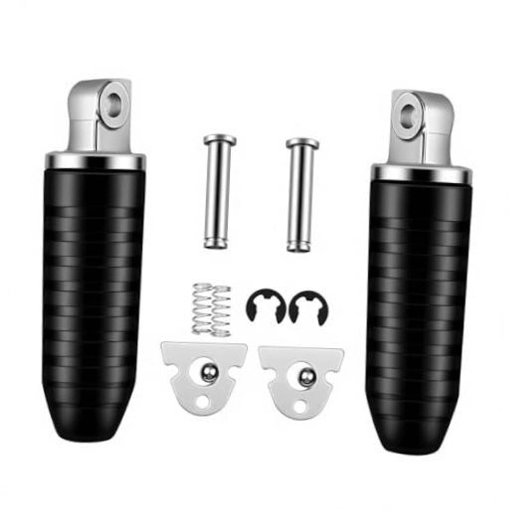 Black folding rear foot pegs kit: 2 pegs with silver brackets, pins and springs