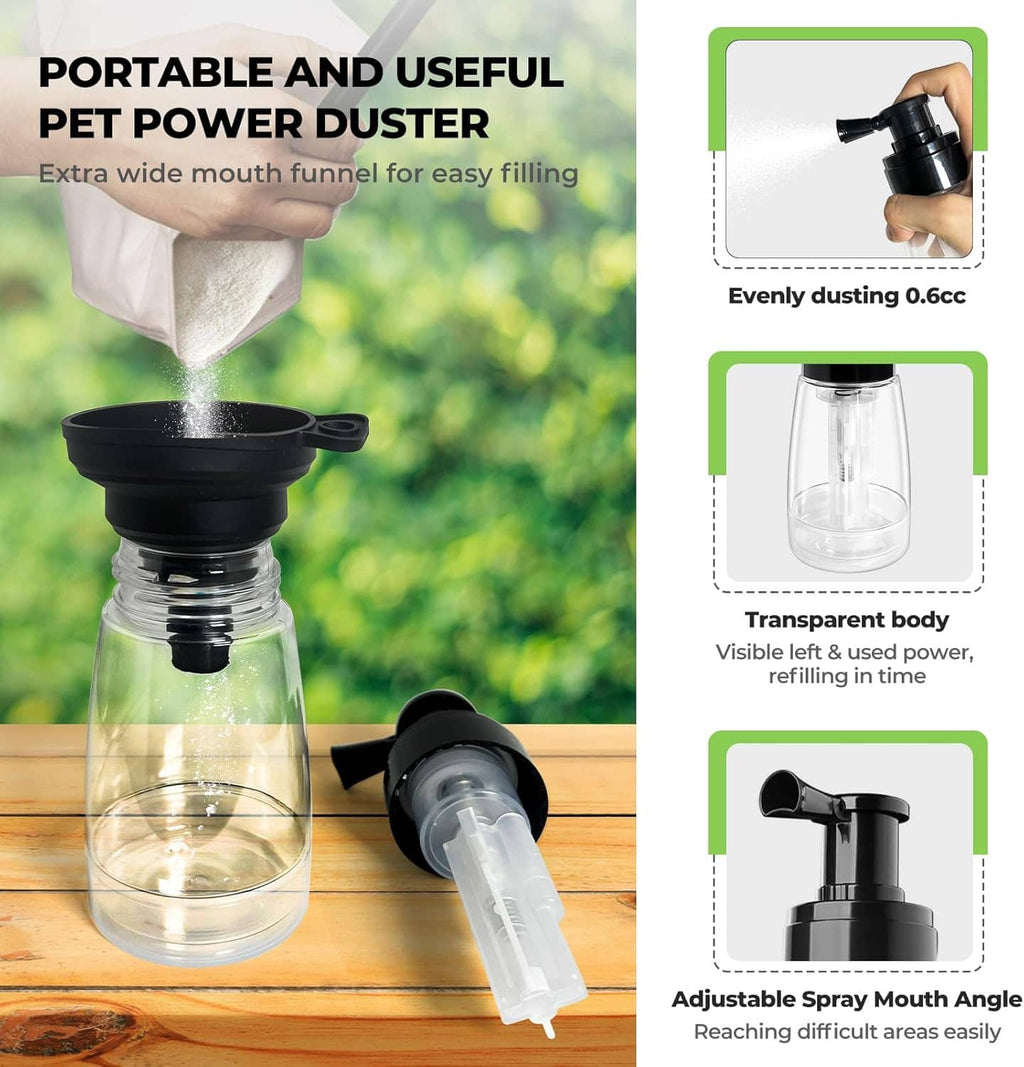 Portable clear powder duster with black adjustable nozzle and wide-mouth funnel