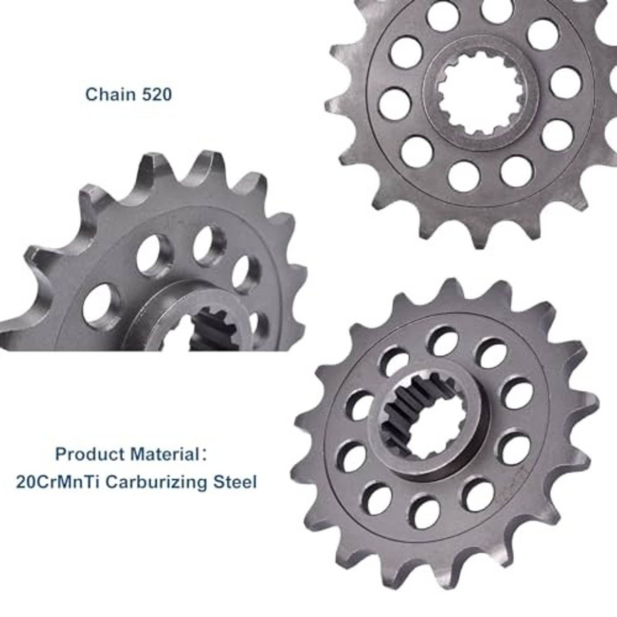 Front sprocket gear shown from multiple angles with mounting holes and central splined hub
