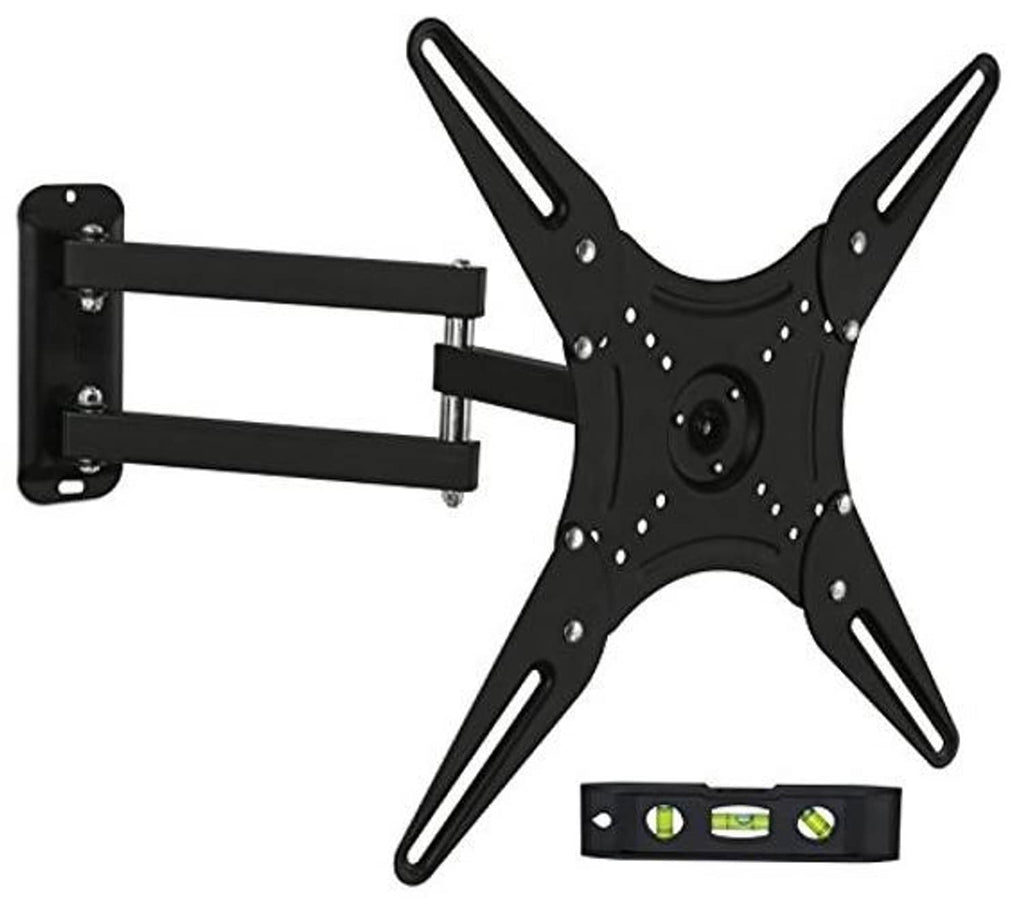 Black full-motion TV wall mount kit with articulating arm and bubble level tool