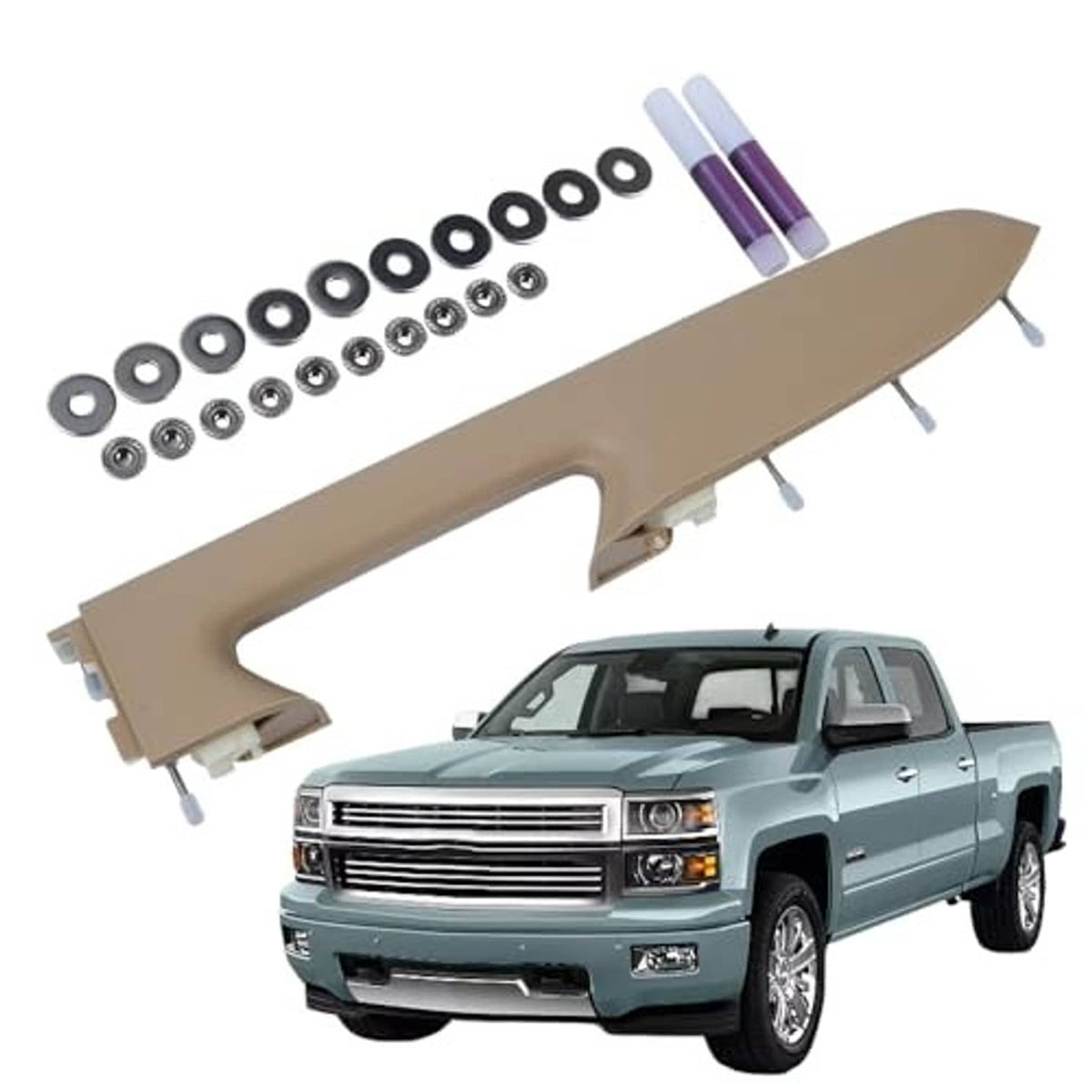 Beige armrest repair kit panel with mounting holes, fasteners, and purple struts