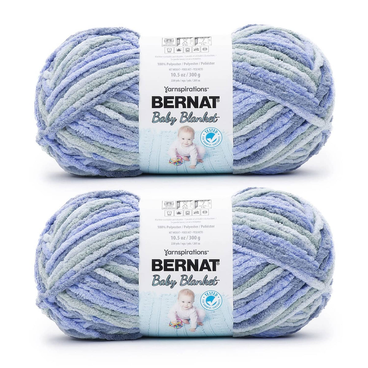 Bernat baby blanket yarn 2-pack, light blue and pale green striped yarn balls