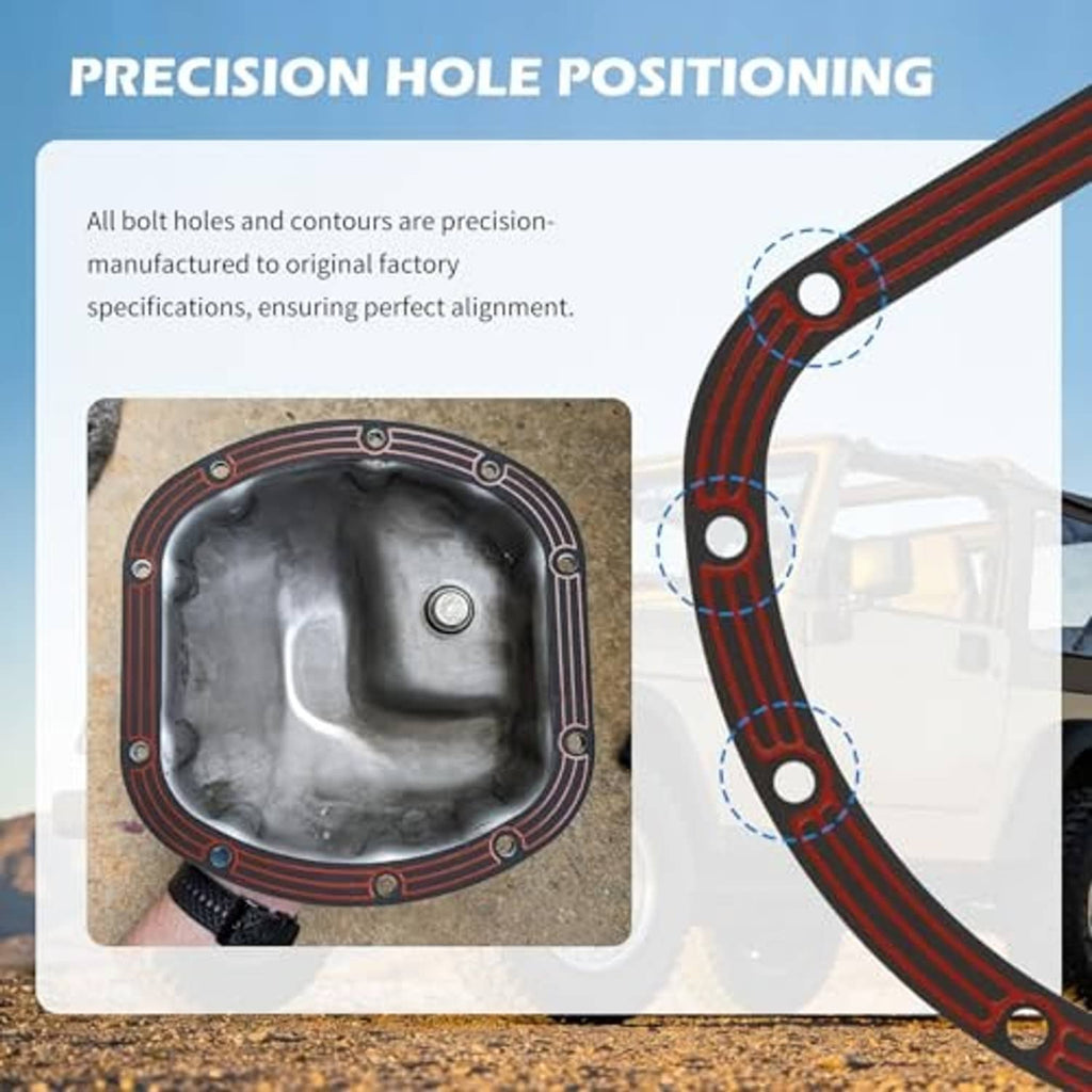 Differential cover gasket ring, red-and-black oval with bolt holes, aligned on metal cover