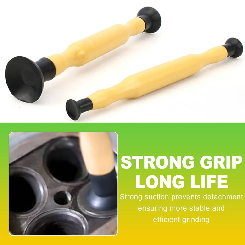 Set of valve lapping tools with tan wooden-style handles and black rubber suction feet