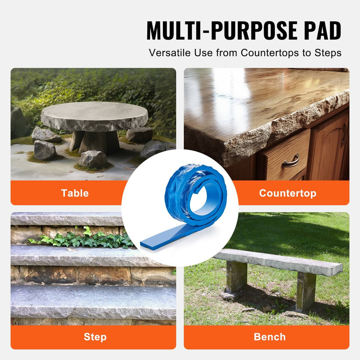 Blue roll and rectangular concrete stamp strip for multi-purpose countertop and step edging