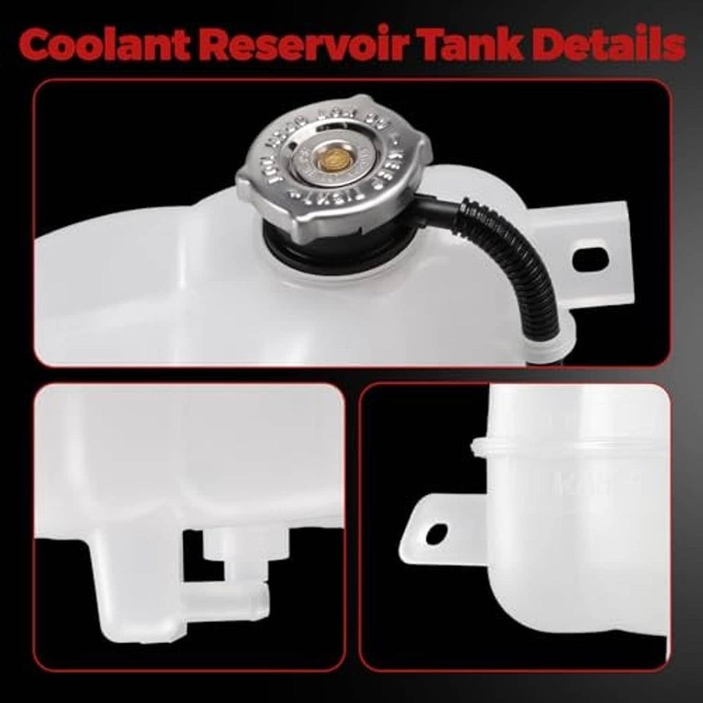 Coolant reservoir tank details with metal cap and curved black hose