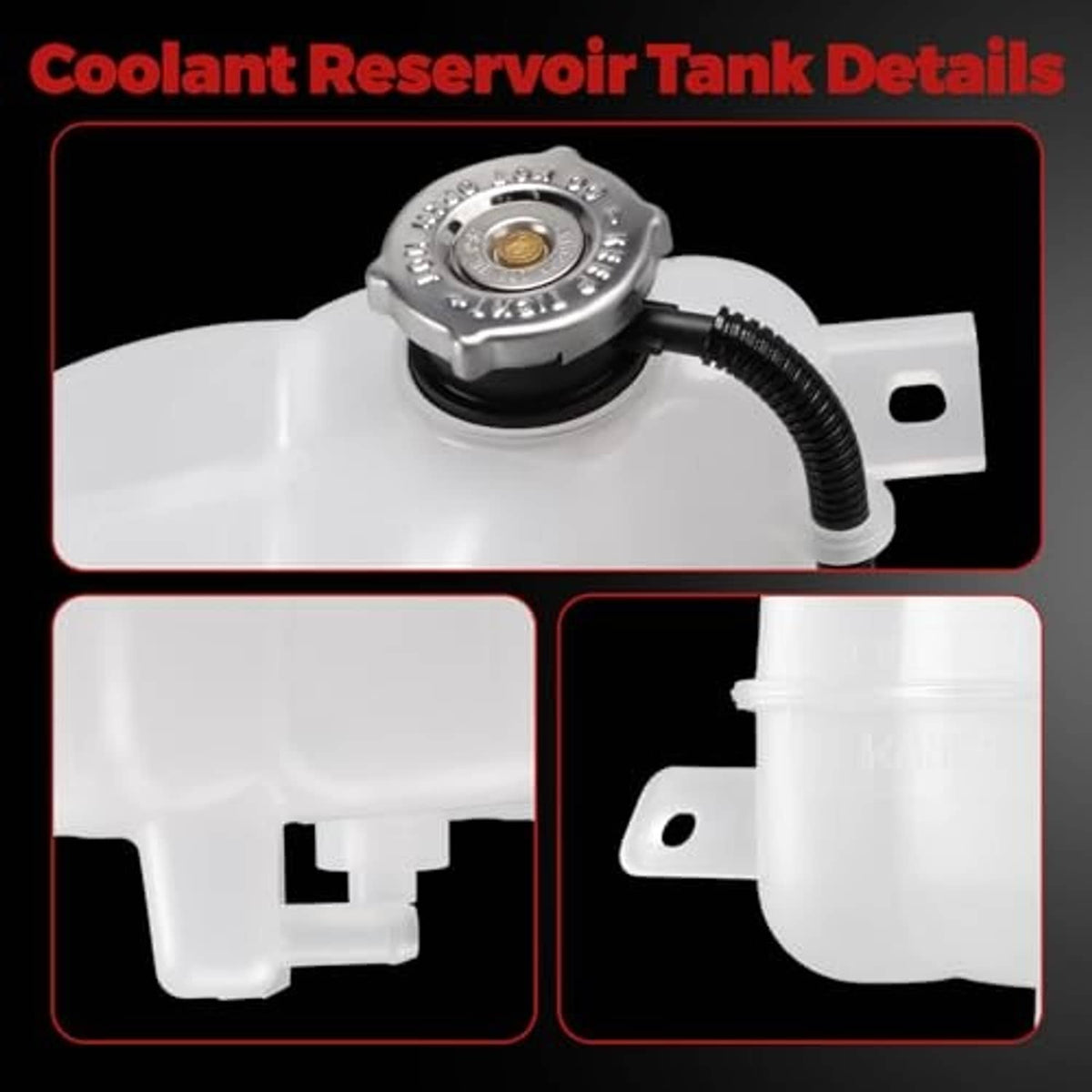 Coolant reservoir tank details with metal cap and curved black hose