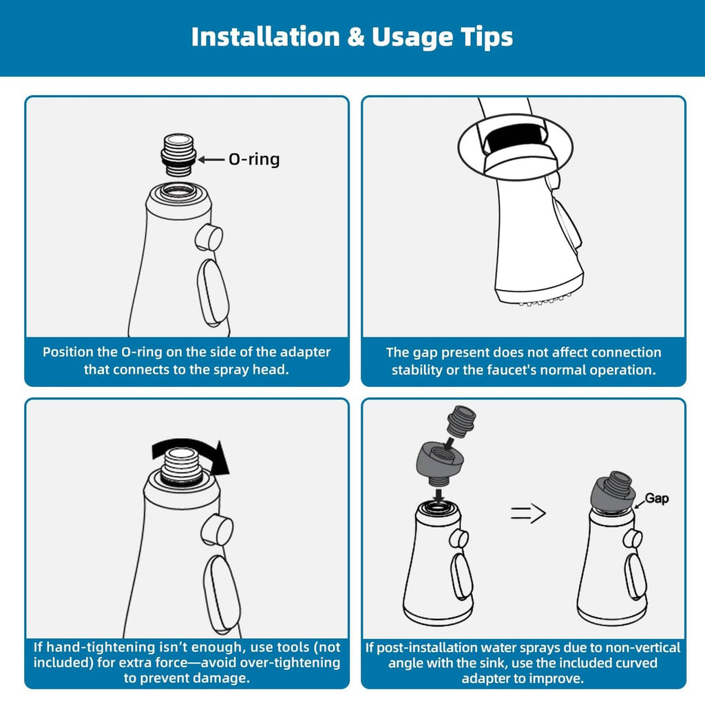 Installation tips for faucet sprayer head showing O-ring placement and curved adapter