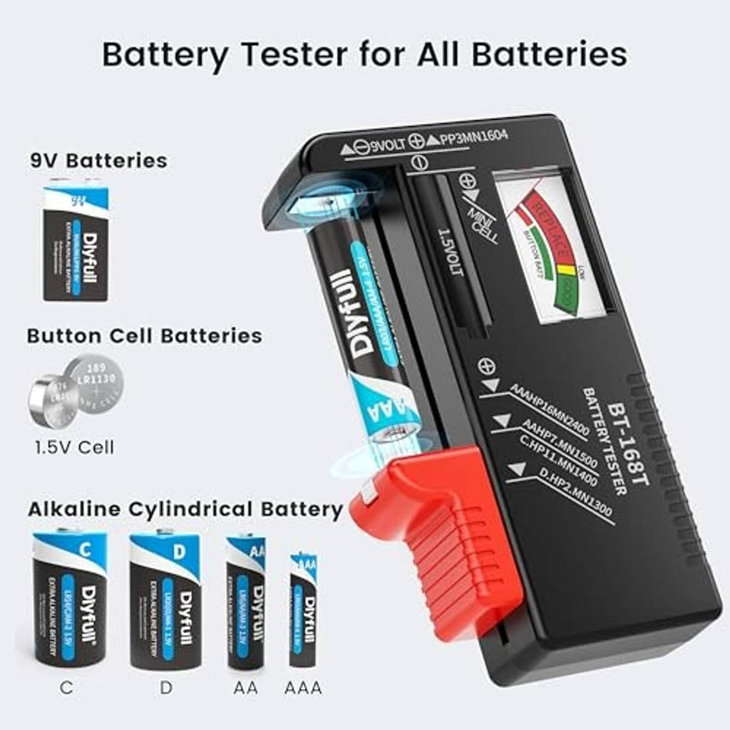 Black small battery tester with red grip and color indicator scale.