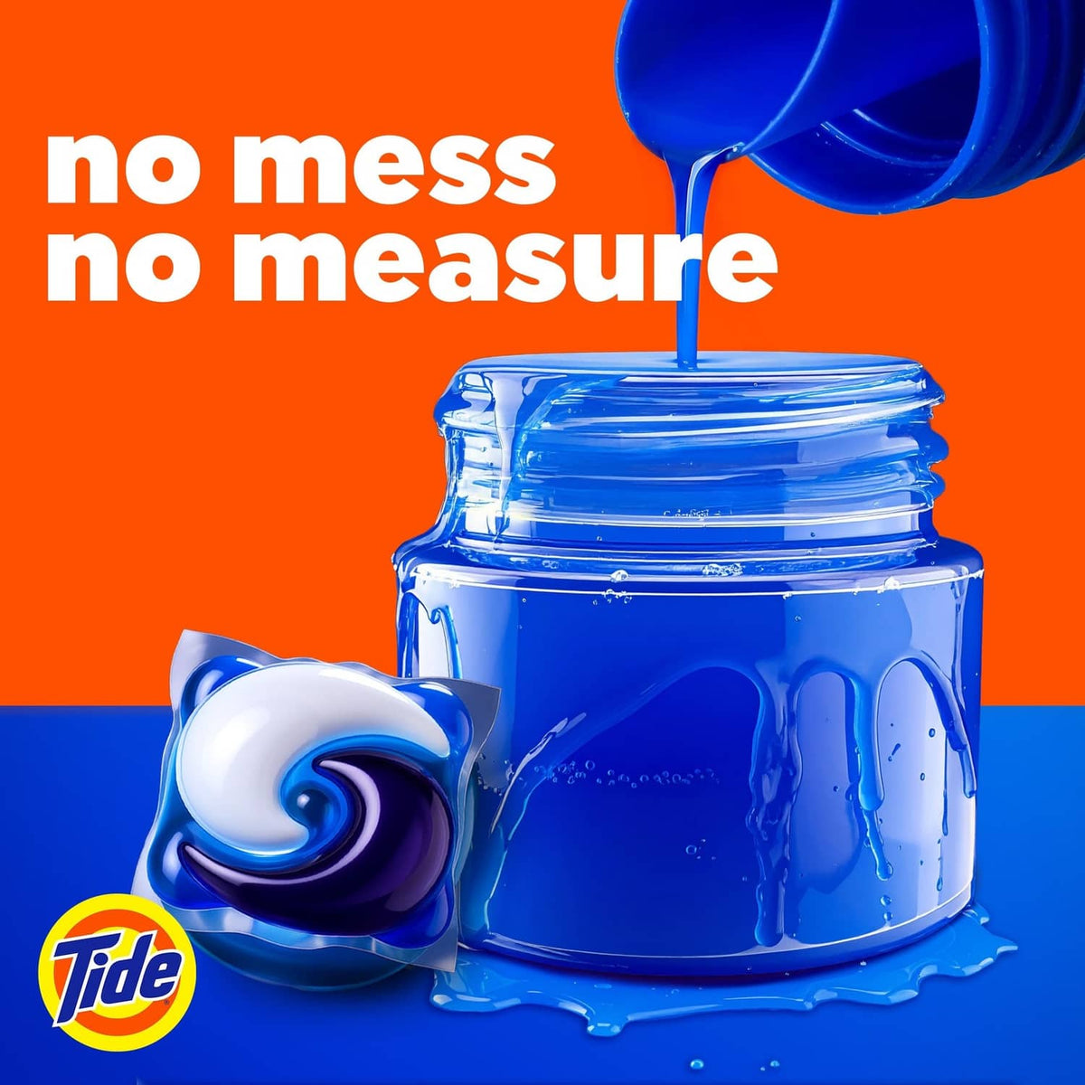 Blue Tide detergent gel pouring from container with Tide POD pack