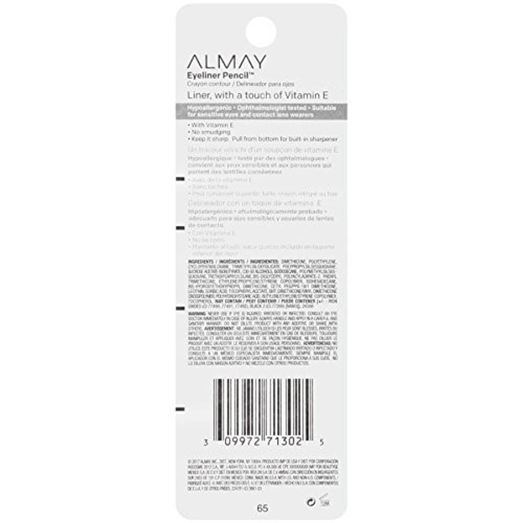 Almay eyeliner pencil box back with barcode and instructions for brown shade.