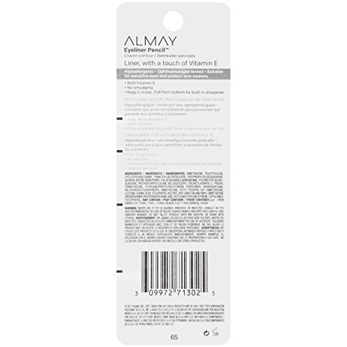Almay eyeliner pencil box back with barcode and instructions for brown shade.