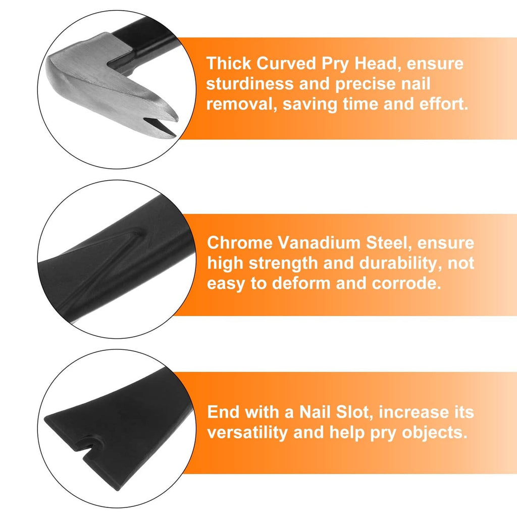 Nail puller claw pry bar with thick curved pry head and end nail slot, black handle