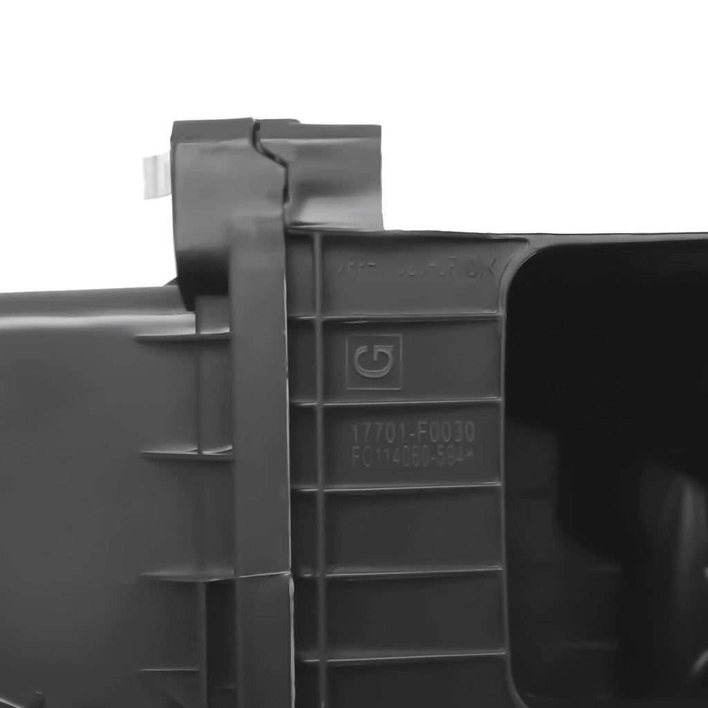 Air cleaner box intake housing, dark plastic, label plate and side latch detail