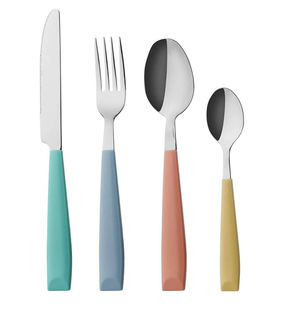 Stainless steel cutlery set with teal, blue, peach, and yellow handles: knife, fork, spoons