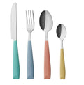 Stainless steel cutlery set with teal, blue, peach, and yellow handles: knife, fork, spoons
